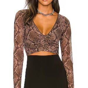 Brown Snake Print Long Sleeve Crop Top - hours revolve